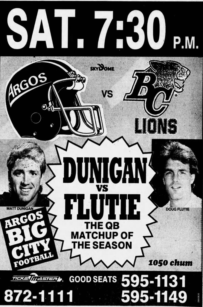 Advertisement in the Toronto Star promoting the Toronto-BC game. (Toronto Star, 30 August 1990).