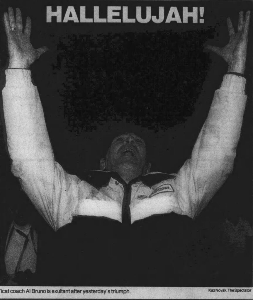 Photo of Tiger-Cats head coach Al Bruno in the Hamilton Spectator after Hamilton's victory in 1986 Eastern Final (24 November 1986).