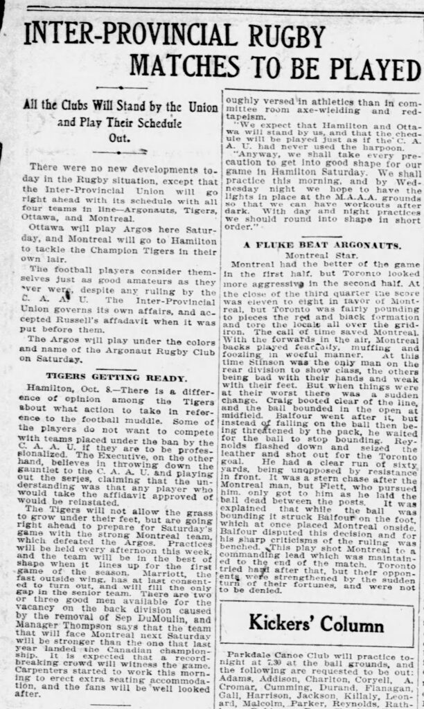 Article about the new IRFU proceeding with games despite row with the CAAU (Toronto Star, 8 October 1907).