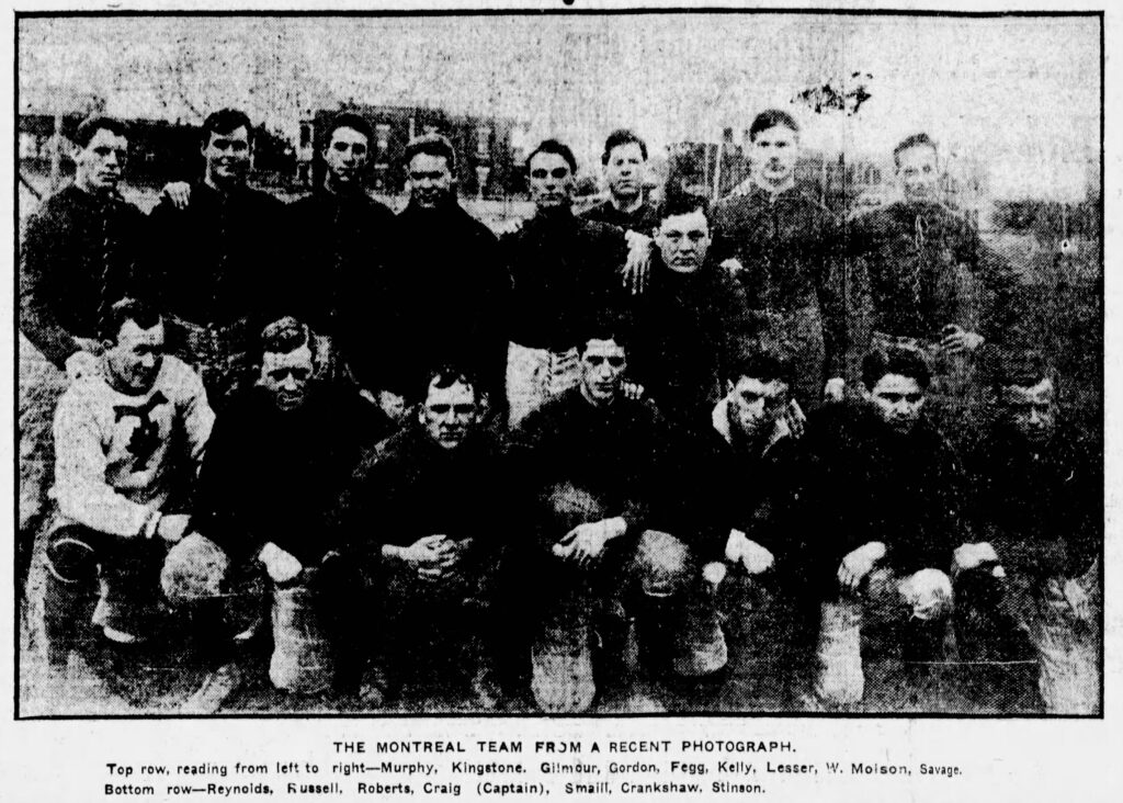 Montreal Football Club players including Babe Reynolds and Ernie Russell (Montreal Star, 24 October 1907).