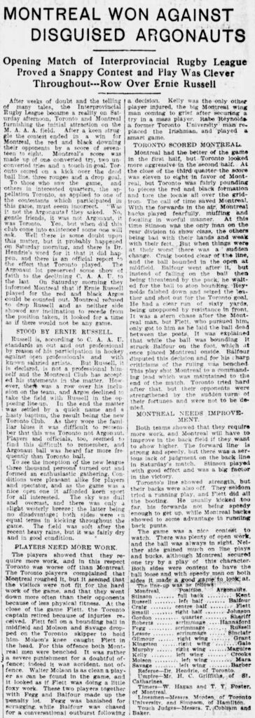Coverage of the IRFU's first game between Montreal and Toronto (Montreal Star, 7 October 1907).