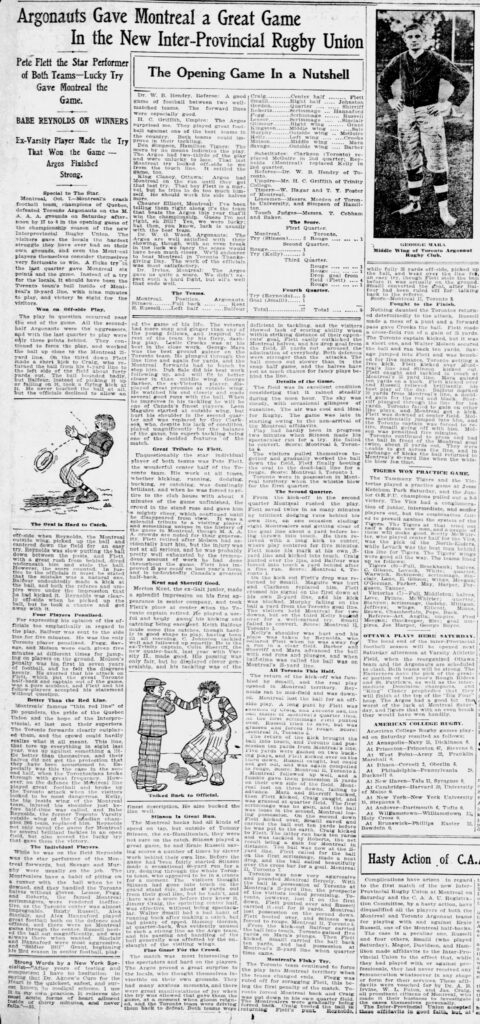 Coverage of the IRFU's first game between Montreal and Toronto (Toronto Star, 7 October 1907).