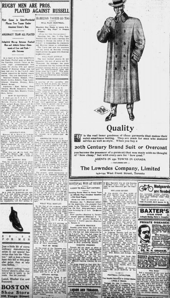 Coverage of the IRFU's first game between Montreal and Toronto (Toronto Telegraph, 7 October 1907).