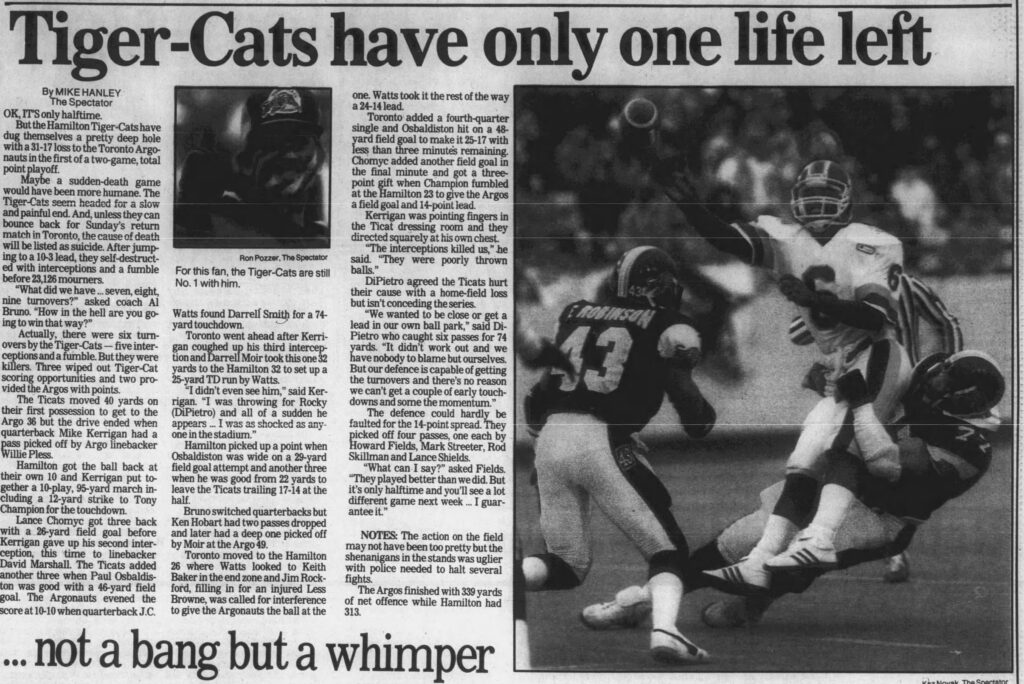 Hamilton Spectator coverage of Game One of the 1986 Eastern Final (17 November 1986).